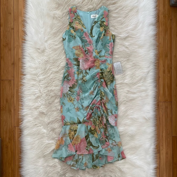 Eliza J Min Blue Pink Floral Sleeveless V-Neck Faux Wrap Front Ruffle Midi Dress - Picture 2 of 13